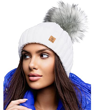4sold Rita Damen Wurm Winter Style Beanie Strickmütze Mütze mit Fellbommel Bommelmütze HAT SKI Snowboard
