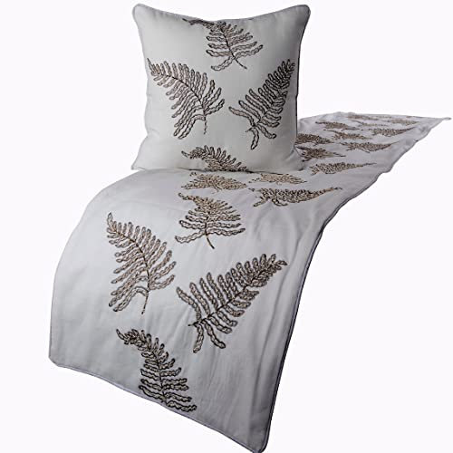 Weiß Bett Renner, Königin 185 x 45 cm Dekorative Bettläufer, Weiß Leinen Blumen Bettschal in Farn Stickerei & Perle - Fern Blossom