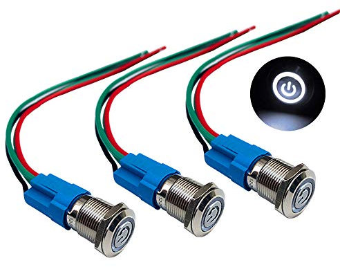 QitinDasen 3Pcs Premium 12V / 24V 3A Interruttore a Pulsante Autobloccante, 12mm Interruttore a Pulsante in Metallo con LED Bianca, Interruttore Avviamento Auto in Acciaio Inossidabile impermeabile