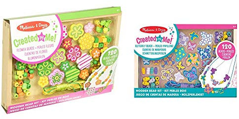 Melissa & Doug Holzperlen-Set Schmetterlinge (120 Perlen) & 14178 Holzperlen-Set, Flower Power, Mehrfarben