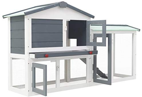 Festnight Großer Kaninchenstall Kleintierhaus Outdoor Tierstall Hasenstall Kleintierstall Kaninchenstall Hasenkäfig Stall Kaninchen Meerschweinchen Grau und Weiß 145 x 45 x 85 cm Holz
