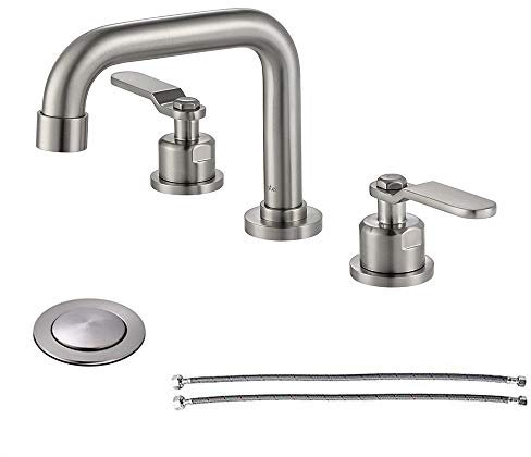 NEWATER Zweigriff breit verbreitete Badezimmer-Waschbecken-Armatur mit drei Löchern, Waschtischarmatur mit Metall-Ablauf- und Zuleitungen, gebürstetes Nickel