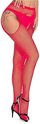 JFAN Medias para Mujer Sexy de Diamantes Mallas de Cintura Alta Rojo