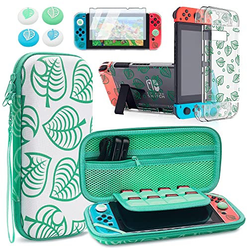 Custodia da trasporto per Nintendo Switch Accessori Bundle per Animal Crossing-Green Leaf Custodia protettiva con custodia in cristallo trasparente agganciabile (Verde)