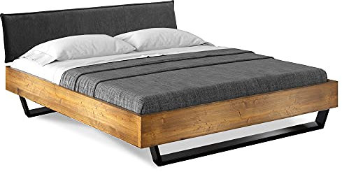 moebel-eins CURBY Kufenbett mit Polster-Kopfteil, Material Massivholz, rustikale Altholzoptik, Fichte, Kufen schwarz, 200 x 200 cm, Vintage, Stoff Anthrazit ohne Steppung