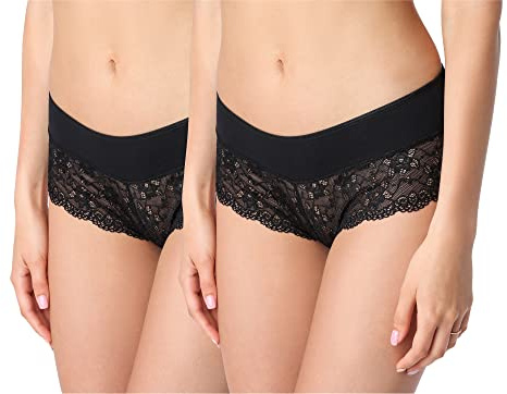 Bellivalini Damen Unterwäsche Unterhose aus Baumwolle Panty mit Spitze BLV50-187 (2Pack-SchwarzSchwarz, XXL)