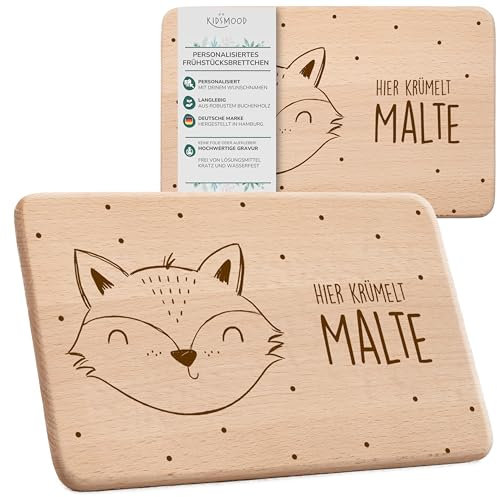 KIDSMOOD - Personalisiertes Frühstücksbrettchen für Kinder und Erwachsene | Holzbrettchen mit süßem Fuchs Motiv | Perfekt als personalisierte Geschenke zur Taufe, Geburt für Kinder [22x14 cm]