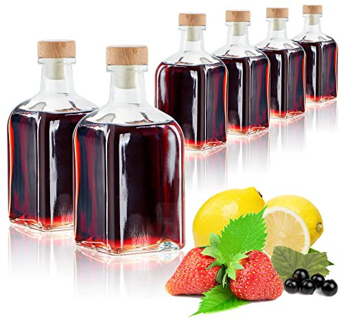 com-four® 6x Glasflasche 250 ml mit Korken - leere Flasche mit Korkenverschluss - Glasbehälter zum Befüllen mit Flüssigkeiten wie Öl, Essig und Spirituosen (viereckig - 250ml)