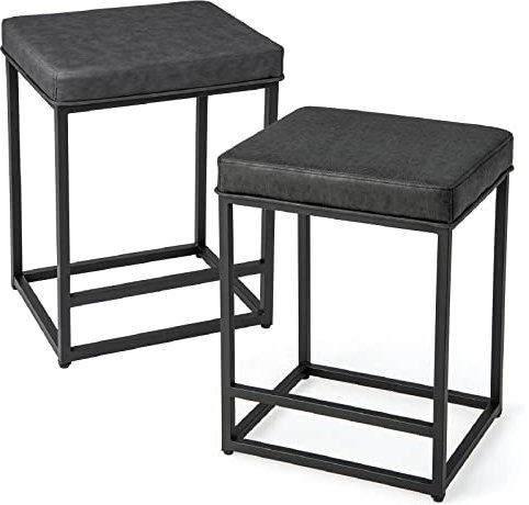 COSTWAY Bar Stools Set of 2, Upholstered Bar Chairs with PVC Leather Cushion, Footrest & Adjustable Pads, Metal Frame Breakfast Counter Height Stools for Kitchen Dining Room, 160kg Capacity (2, Black)
