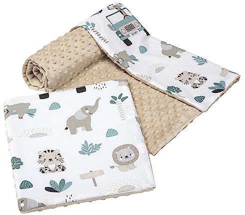 Medi Partners Babydecke Krabbeldecke mit Kissen 100% Baumwolle Minky Kinderdecke groß zweiseitig 75x100 + 35x30cm multifunktional für Bett Kinderwagen (Mint Zoo mit beigem Minky)