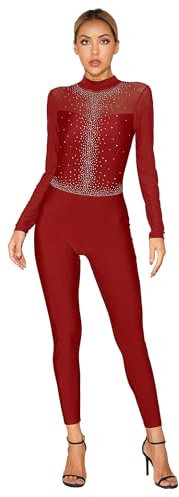 Mufeng Damen Turnanzug Langarm Tanzbody mit Strass Rückenfrei Ballett Trikot Ganzanzug Wettbewerb Gymnastik Eiskunstlaufen Tanzkleidung Weinrot XXL
