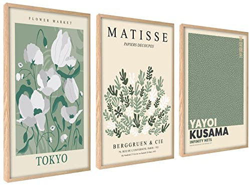 ag.art deco Moderne Poster Set | 3 Stück 50x70cm MIT RAHMEN HOLZ | Stilvolle Matisse Pastell Flower Market Kusama