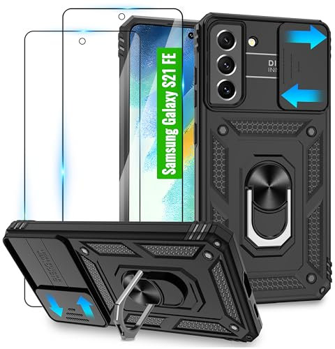 Jshru Handyhülle für Samsung Galaxy S21 FE Hülle mit 2 Schutzfolie,Kameraschutz Handyhülle für S21 FE mit 360° Drehbarer Metall Ring Ständer,Sturzschutz Handy Hülle für Samsung S21 FE,Schwarz