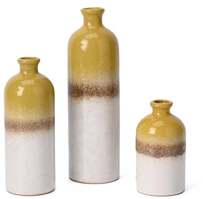 VICTOR&TERESA Vasen Deko für Zuhause,Set of 3 Senfgelbe Porzellanvasen für Blumen,vasen für tulpen,Moderne Landhausvasen Vasen für Tisch,Kaminsims Akzent,Bücherregal,Wohnzimmer&Tafelaufsatz,25/19/12cm