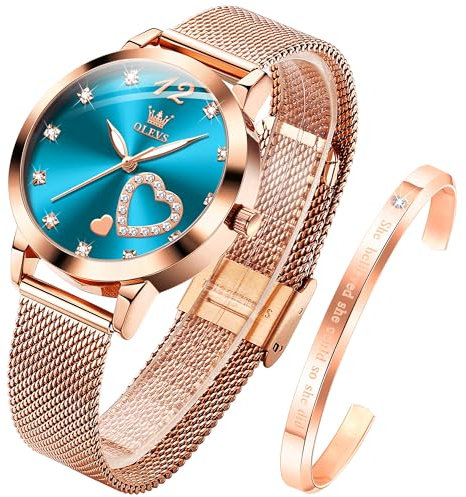 OLEVS Womens Watch Gift Set avec Bracelet Rose Gold Bleu Ladies Minimaliste Minimaliste Slim Robe DéContractéE Analogique Montre à Quartz ImperméAble