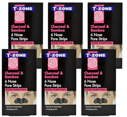 T-Zone 6 x 6 Multipack of Pack Charcoal & Bamboo Purifying Nose Pore Strips, Specially Formulated to Unclog Pores & Remove Impurities For Brighter, Clearer Skin