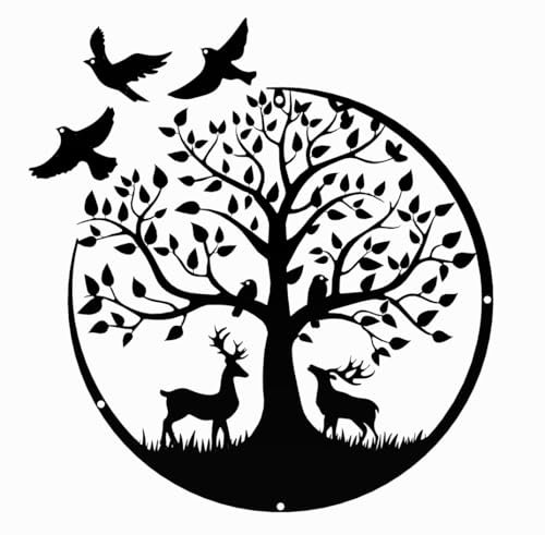 SITAKEGS Tree of Life Metal Wall Decor, 30cm Tree-Life Wall Art with 3 Birds, Black Silhouette Trees Wall Hanging Artwork Decoration, Family Tree Hanging Sign for Living Room Bedroom Garden Office