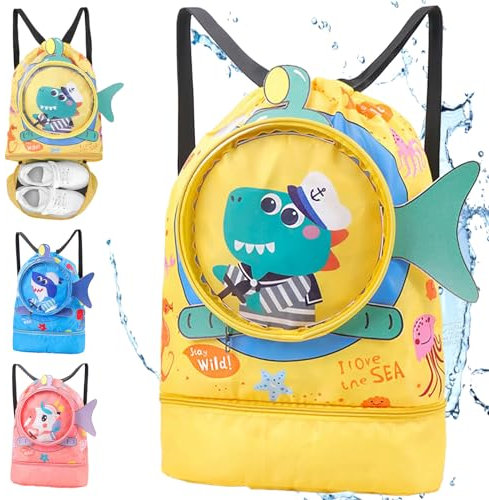 YOUYIKE Mochila con Cordón para Niños, Pequeño Cocodrilo Mochila Piscina Impermeable Separación en Seco-Húmedo con Compartimento para Zapatos, Adecuado para niños y niñas, Playa, Acampar