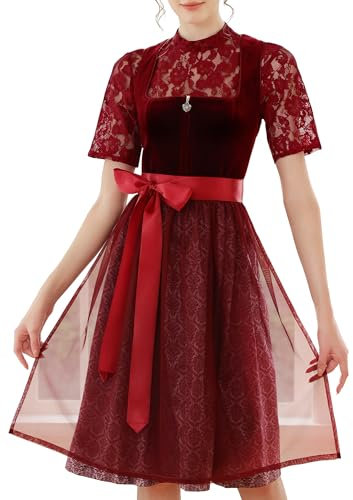 EIISSION Dirndl Damen midi Lang Dirndl Rot Trachtenkleid Trachtenrock Dirndl-Komplettsets Trachtenmode Trachten Damen mit 3 Teilig Schürze Dirndlbluse Oktoberfest Dresses Dirndlkleid 36