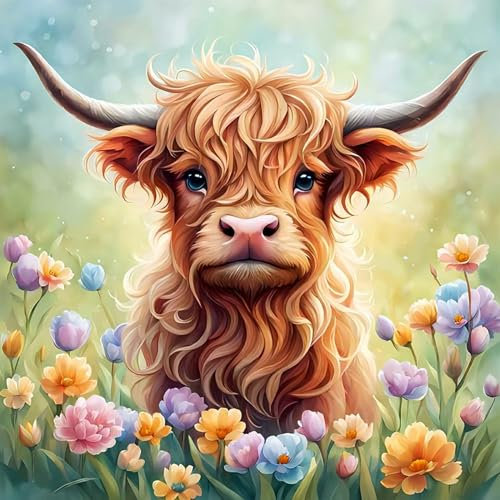 AIRDEA 5D Niedliche Hochlandkuh mit Blumenmuster Diamond Painting Erwachsene, DIY Diamond Painting Bilder Erwachsene, Diamantmalerei Bastel Set Nach Zahlen Heimdekor Geschenk 30x30CM