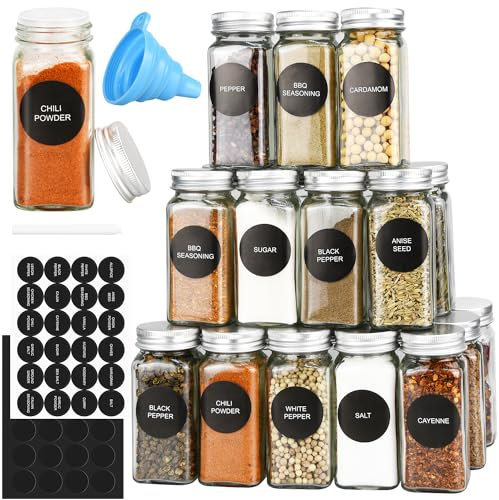DkOvn 24pcs Glass Spice Jars, 4oz Empty Spice Jars with Metal Caps, Labels, Shaker Lids, Collapsible Funnel, Chalk Pen, Seasoning Organizer for Spice Rack(24pcs 4oz Set)