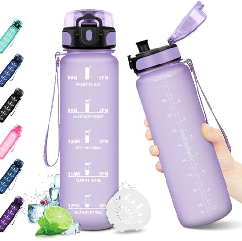 KollyKolla Wasserflasche 1L Kohlensäure Geeignet, Trinkflasche Sport, Trinkflasche mit Zeitmarkierungen, Trinkflasche BPA-Frei, Auslaufsicher, flasche für Sport, Kinder, Büro, Fitness, Yoga, Uni, Gym
