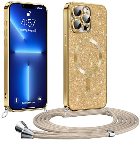 Phoona Coque pour iPhone 13 Pro avec Cordon, Etui à Paillettes Compatible avec MagSafe, Antichoc Protection Coque pour Magnétique avec Réglable Collier, Doré