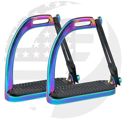 RIDING GEARS Steigbügel für Erwachsene/Kinder (11,4 cm), 11,4 cm, 12,7 cm, Regenbogenfarben, Pfauenmuster, Pferdeseit, Sicherheitssteigbügel aus Eisen, für Erwachsene/Kinder (11,4 cm)