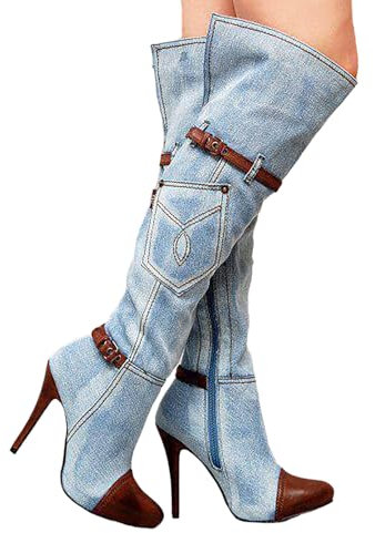 GXYHJVMFPSC Stivali da Donna con Tacco Alto Colore Abbinato Denim al Ginocchio Stivali Primavera e Autunno Patchwork a Punta Sottile Tacco Alto al Ginocchio Stivali Alti,Blue,34