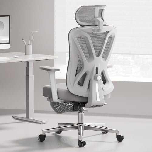 Hbada P5 Ergonomischer Bürostuhl, Schreibtischstuhl mit Verstellbarer Lordosenstütze, atmungsaktive elastische Sitzkissen, Integrierte Fußstütze, Computerstuhl Grau