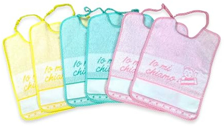 Lätzchen für Kindergarten, 100 % Baumwolle mit Aida-Stoff zum Besticken, 25 x 34 cm, Set personalisierbare Lätzchen Io Mi Chiamo, hergestellt in Italien, 6 Stück für Mädchen