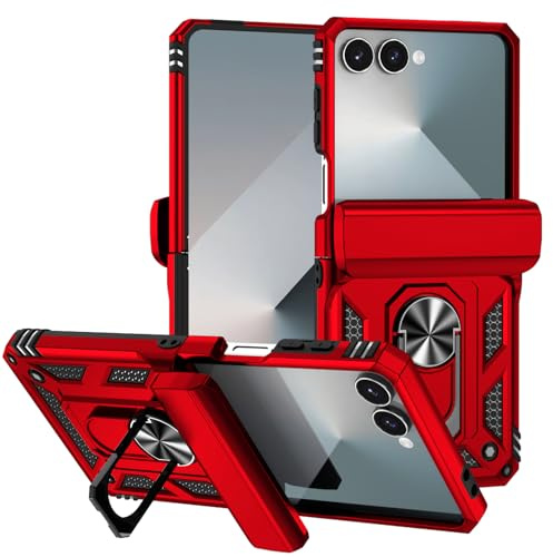 Jiyu Funda Compatible con Samsung Galaxy Z Flip 6 5G Carcasă Armor Militar Cubierta de Cámara Deslizante Proteger Fundas con 360 Full Protección Anillo Soporte Silicona Estuche Cover Case,Rojo