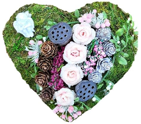Grabherz aus Moos, 15 cm, Rosa, Wetterfest, für Urnengräber