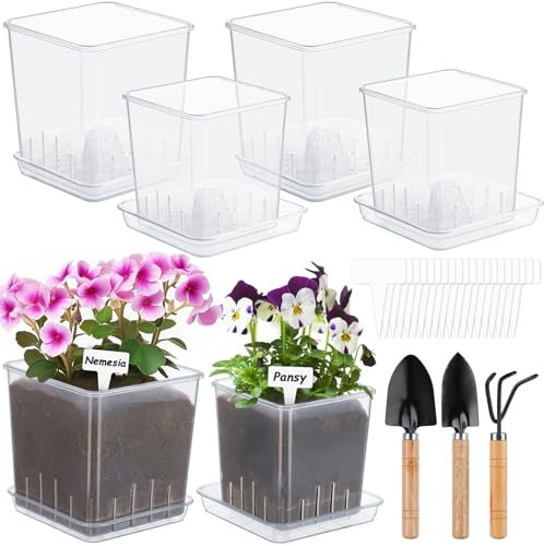 NiHome 6-Pack Clear Acrylic Nursery Pots with Trays & 3 Shovels, 4.1 & 5 Clear Plant Pots for Orchid,Succulents, Flowers, Enhanced Drainage & Ventilation, Transparent for Easy Root Monitoring