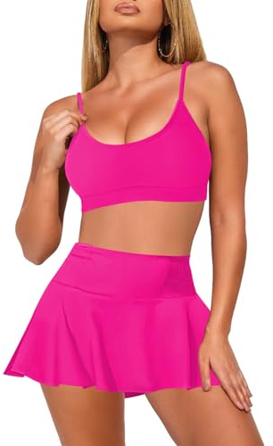 Pink Queen Damen 2-Teilig Bikini Set U-Ausschnitt Spaghetti Straps Hohe Taille Swim Rock Strand Badeanzug Rosa S