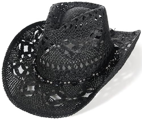 EOZY Men & Women's Summer Cowboy Cowgirl Straw Hat Hollow Out Style Roll Up Brim Beach Sun Hat for Ladies