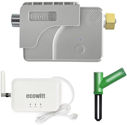 ECOWITT Sprinkler Zeitschaltuhr GW3004, Intelligente Bewässerungsuhr WFC01 mit integriertem Wasserdurchflussmesser/Temperatursensor + 3 in 1 Haus Wi-Fi/Kabel-Gateway GW3000 + WH51 Bodenfeuchtemesser