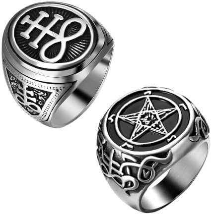 JewelryWe Satanische Ringe Siegelring Herren: 2 Stück Edelstahl Herren-Ring Leviathan Kreuz Pentagramm Baphomet Ziegenkopf Fingerringe Luzifer Satan Teufel Symbol Gothic Schmuck Silber Männer Größe 67