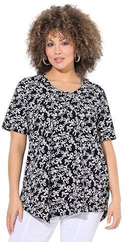 Ulla Popken Damen große Größen Übergrößen Plus Size T-Shirt, Schleifen, Biesen, A-Linie, Rundhals, Halbarm schwarz 50+ 840351100-50+