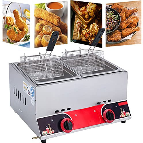 Freidora de gas comercial, freidora de gas de encimera GLP, freidora doble de acero inoxidable, gran capacidad de 11 L con cestas extraíbles, potencia de fuego ajustable, fácil limpieza para