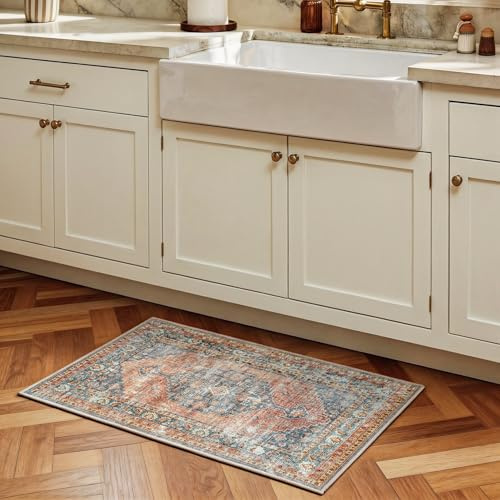 Decoranddecor Vintage Washable Rug 60x90cm Bedroom Bath Non-Slip | Red Bath & Bedside Mat, Machine Washable Rug, Area Rug, 6mm Low Pile, Pet Friendly, Stain Resistant