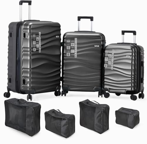 DMS® 7-teiliges Kofferset ABS Hartschale – 3 Trolleys (M/L/XL) mit 360° Rollen & Zahlenschloss + 4 Kleidersäcke – Reisekoffer Set leicht, robust, erweiterbar Urlaub & Business (Schwarz)