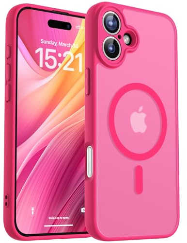 Coque Magnétique pour iPhone 16 Plus Mat et Translucide, Protection Fine de l'objectif améliorée, Militaire Antichoc Dos Housse Coque pour iPhone 16 Plus 6,7 Pouces, Rose Vif