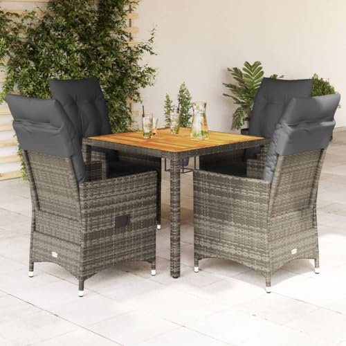 Ziaphsol 5-TLG. Garten-Essgruppe Grau Poly Rattan, Verstellbare Relaxsessel, Akazienholz-Tisch 90x90cm, UV-beständig, mit Dunkelgrauen Kissen für Terrasse, Balkon, Outdoor-Bereich