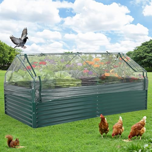 Hochbeet Metall 240x120x60cm Mit Abdeckung, Rechteckiges Gartenbeet Mit Vogelschutznetz, Offener Boden Für Drainage, Robuster Pflanzbeet Für Gemüse Kräuter Blumen Garten Terrasse, Dunkelgrün