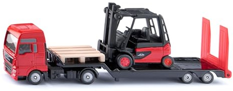 Siku 1763 Camion MAN con carrello elevatore Linde e gancio di traino, carrozzeria in metallo, rosso-nero, set di giocattoli logistici per bambini