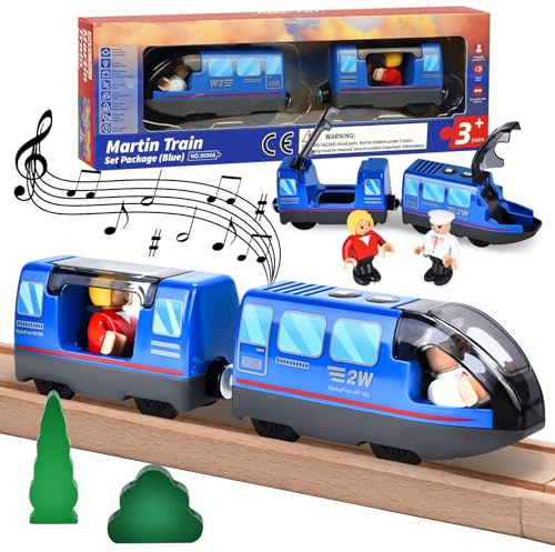 JONRRYIN Eisenbahn Elektrische Lok, Batteriebetriebener Zug für Holzeisenbahngleis, Lokomotivzug-Spielzeug, Batteriezug (Magnetanschluss) für Jungen Mädchen Kinder 3 4+
