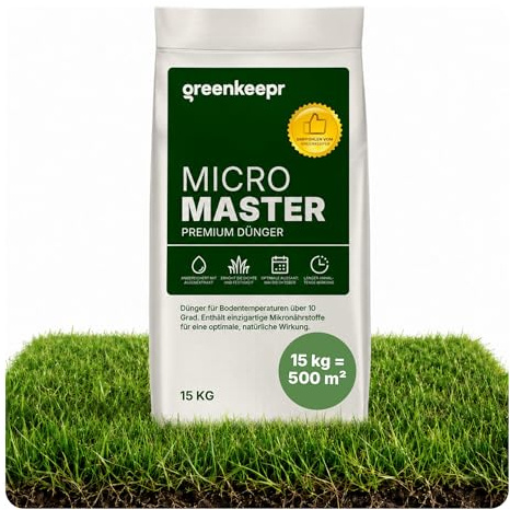 Greenkeepr MicroMaster Premium 15kg Rasendünger mit Langzeitwirkung bis zu 4 Monate | Rasendünger Frühjahr für 400-500 m² | NPK 16‑2‑7 Granulat für kräftiges, gesundes Grün