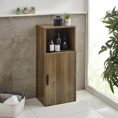 Julian Bowen Hampshire Bathroom Cabinet, Walnut Effect - H90 x W40 x D30cm | Scandi Storage Cabinet for Bathroom, Open Shelf, Concealed Storage, Modern Slatted Door