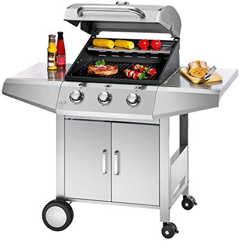 Profi Cook PC-GG 1057 Gasgrill inkl. Temperaturanzeige, 3-Edelstahlbrenner, 3 Heizzonen für indiv. Temperatursteuerung, herausnehmbarer Fettauffangbehälter, stufenlose Temperatureinstellung, Silber